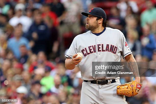 Joba Chamberlain of the Cleveland Indians reacts after giving up a grand slam to Mookie Betts of the Boston Red Sox in the seventh inning during the...
