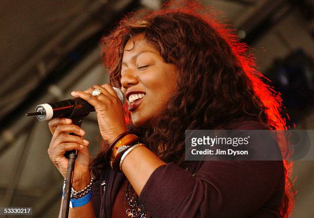 Denise Johnson of A Certain Ratio performs on the Open Air stage during the first day of the Big Chill music festival at Eastnor Castle Deer Park in...