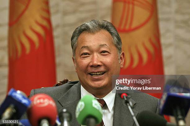 Newly elected President Kurmanbek Bakiyev gives a press conference at the Kyrgyz White House July 11, 2005 in Bishkek, Kyrgyzstan. Mr. Kurmanbek...