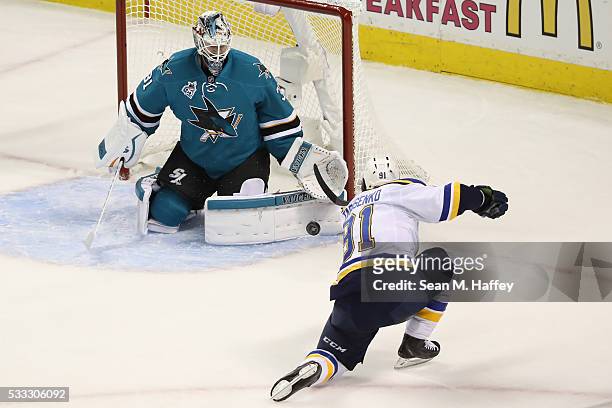 Martin Jones of the San Jose Sharks makes a save on a shot by Vladimir Tarasenko of the St. Louis Blues in game four of the Western Conference Finals...