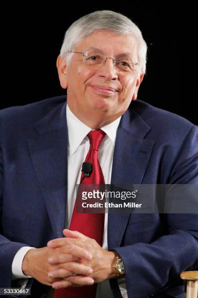 Commissioner David Stern smiles as he answers questions during the press conference at the Las Vegas Convention Center August 5 in Las Vegas, Nevada....