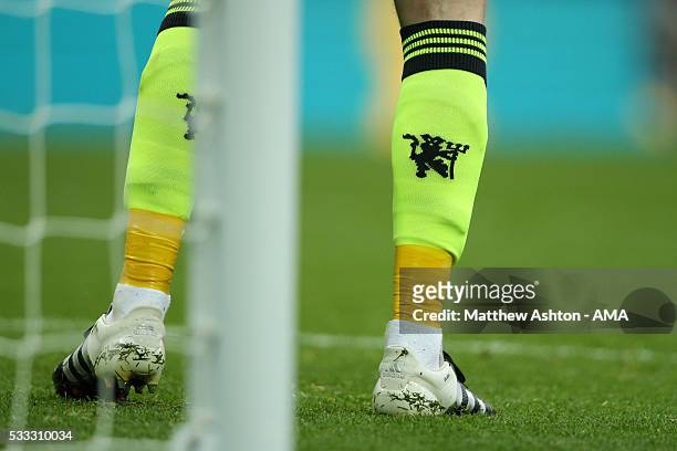 Black Red Devils, the logo of Manchester United, stitched into the socks of David de Gea of Manchester United during The Emirates FA Cup final match...