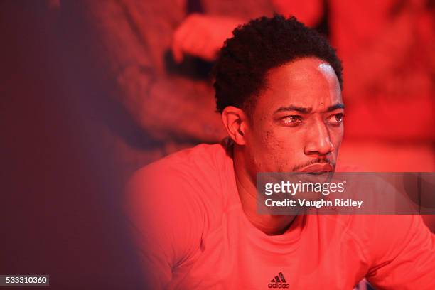 DeMar DeRozan of the Toronto Raptors looks on prior to game three of the Eastern Conference Finals against the Cleveland Cavaliers during the 2016...