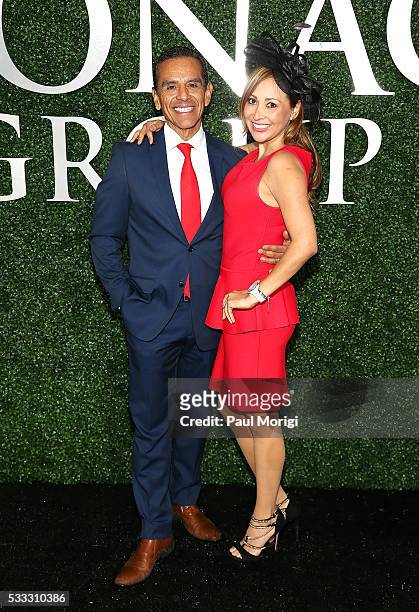 Former L.A. Mayor Antonio Villaraigosa and fiance Patricia Govea attend The Stronach Group Owner's Chalet at 141st The Preakness at Pimlico Race...