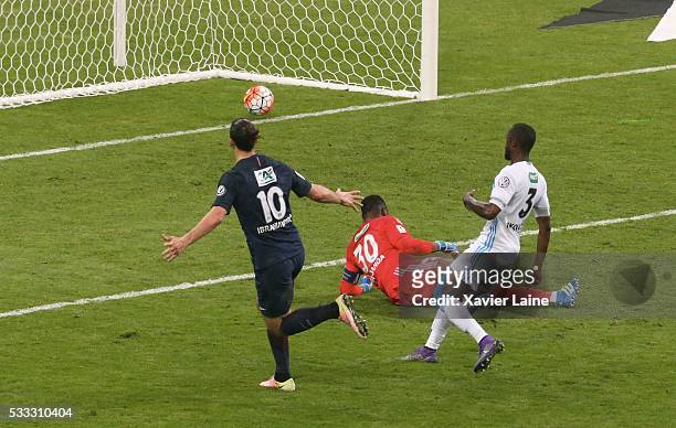 Zlatan Ibrahimovic of Paris Saint-Germain score a goal during the final French Cup between Paris Saint-Germain and Olympique de Marseille at Stade de...