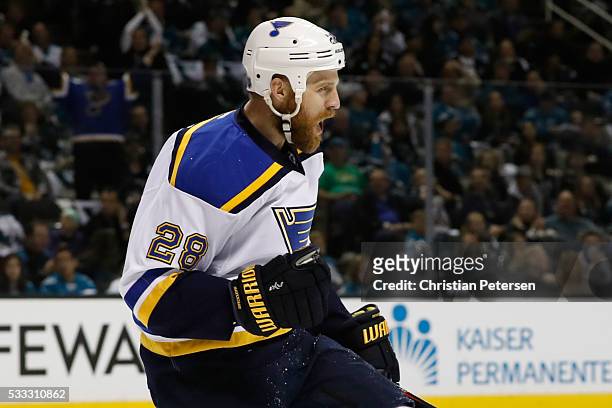 Kyle Brodziak of the St. Louis Blues celebrates after his first goal in game four of the Western Conference Finals against the San Jose Sharks during...