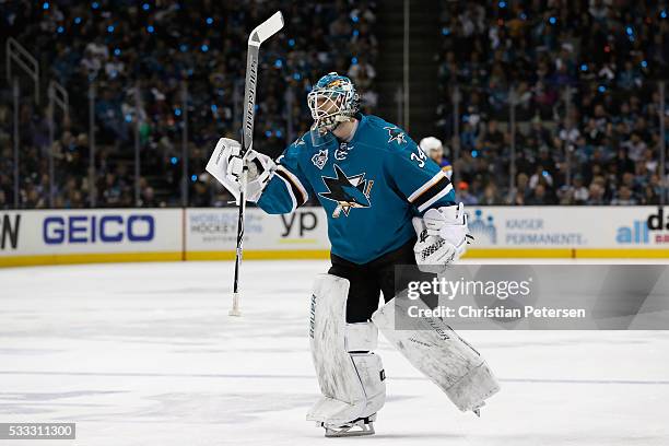 James Reimer of the San Jose Sharks skates on in relief of Martin Jones in game four of the Western Conference Finals during the 2016 NHL Stanley Cup...
