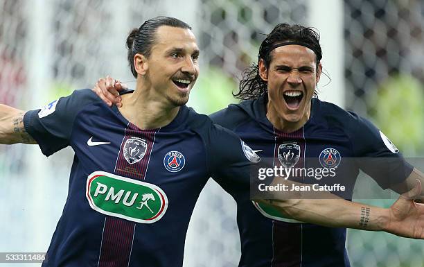 Zlatan Ibrahimovic of PSG celebrates his goal with Edinson Cavani of PSG during the French Cup Final match between Paris Saint-Germain and Olympique...