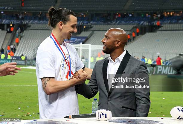 Zlatan Ibrahimovic of PSG is interviewed by Olivier Dacourt for Eurosport following the French Cup Final match between Paris Saint-Germain and...