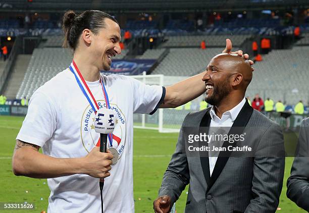 Zlatan Ibrahimovic of PSG is interviewed by Olivier Dacourt for Eurosport following the French Cup Final match between Paris Saint-Germain and...