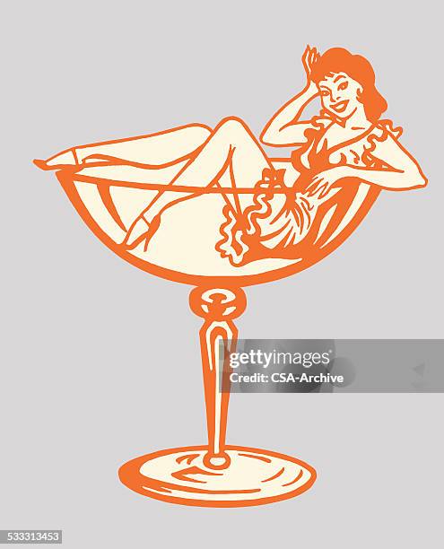 ilustraciones, imágenes clip art, dibujos animados e iconos de stock de mujer en el interior del vaso de cóctel - chicas de calendario