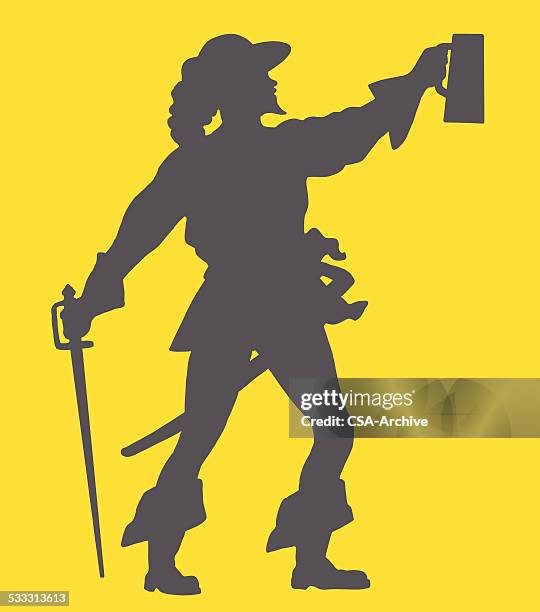 silhouette eines mannes gewichtheben kaffeebecher - musketiere stock-grafiken, -clipart, -cartoons und -symbole