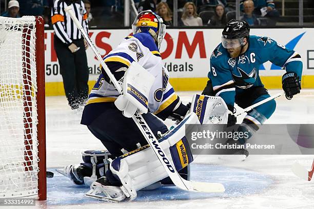 Joe Pavelski of the San Jose Sharks scores against Jake Allen of the St. Louis Blues in the third period of game four of the Western Conference...