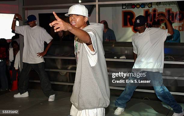 Singer Chris Brown performs during the 5th Annual Billboard R&B Hip-Hop Awards at the Compound on August 5, 2005 in Atlanta, Georgia.