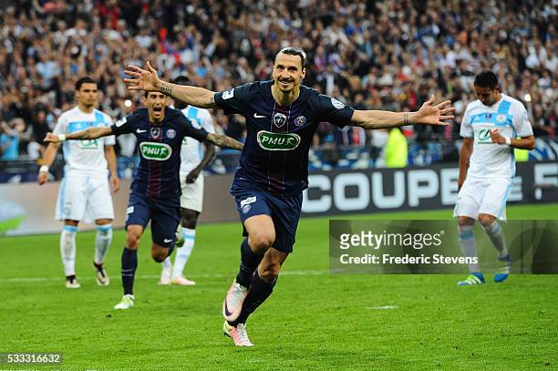 Zlatan Ibrahimovic of Paris Saint-Germain celebrate his goal during the final French Cup between Paris Saint-Germain and Olympique de Marseille at...