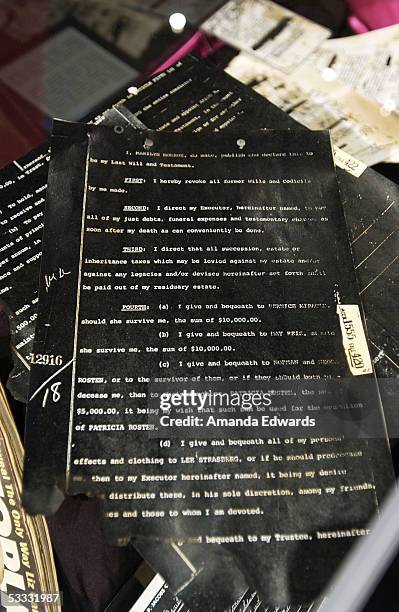 Copy of Marilyn Monroe's last will and testament is displayed at the Hollywood Museum on August 5, 2005 in Hollywood, California. A group of Monroe's...