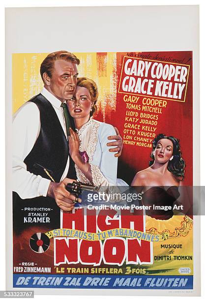 Poster for Fred Zinnemann's 1952 western, 'High Noon'. The poster features Gary Cooper, Grace Kelly and Katy Jurado.