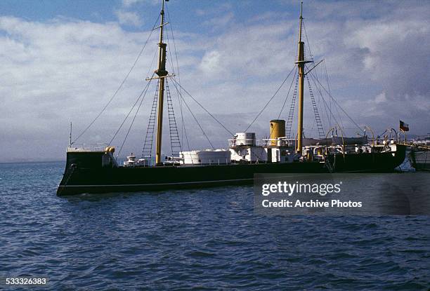 The 'Huascar', a 19th-century turret ship of the Peruvian Navy, in Talcahuano harbour, Chile, South America, 1969. Built in England, she was captured...