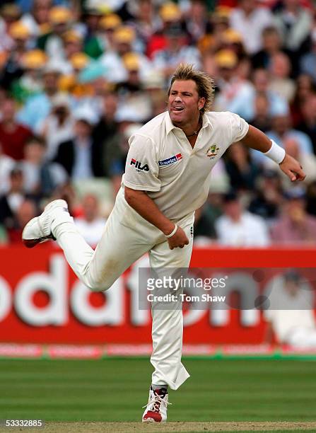 Shane Warne of Australia bowls during day three of the Second npower Ashes Test match between England and Australia at Edgbaston on August 6, 2005 in...