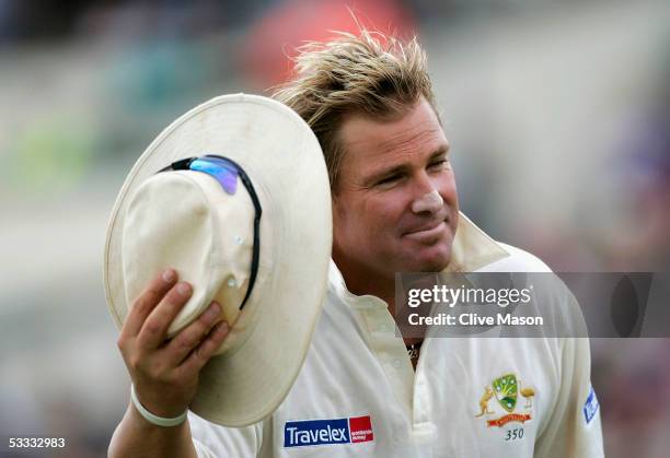 Shane Warne of Australia acknowledges the support during day three of the second npower Ashes Test match between England and Australia at Edgbaston...