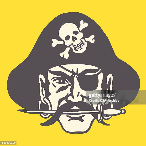 pirate with knife in his teeth - pirate hat stock illustrations