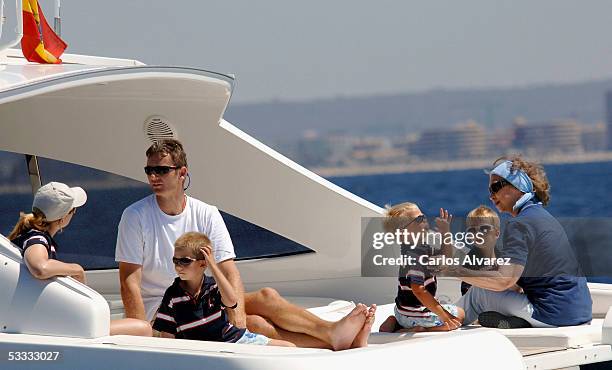 Spanish Royals Queen Sofia, her daughter Princess Cristina, Inaki Urdangarin and grandsons Juan, Pablo and Miguel on board the boat Somni attend the...