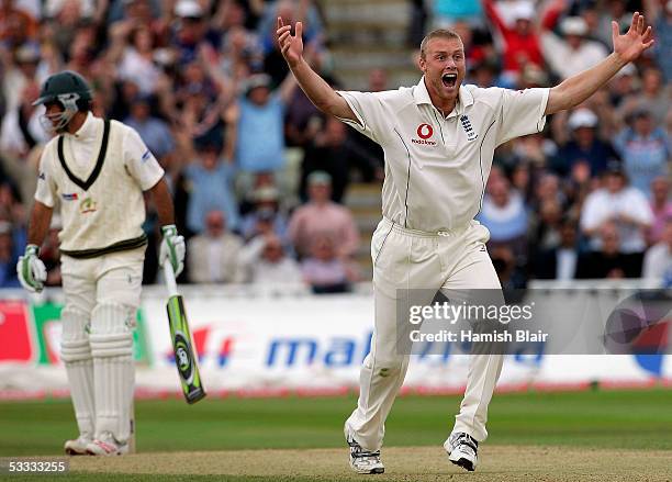 Andrew Flintoff of England appeals unsuccessfully for LBW against Ricky Ponting of Australia during day three of the Second npower Ashes Test between...