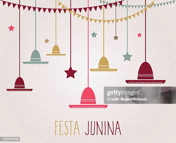 ilustraciones, imágenes clip art, dibujos animados e iconos de stock de fiestas juninas colorido con dosel. el texto escrito a mano. brasil junio de - solsticio de verano