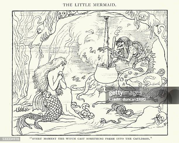 stockillustraties, clipart, cartoons en iconen met the little mermaid and the witch - copenhagen