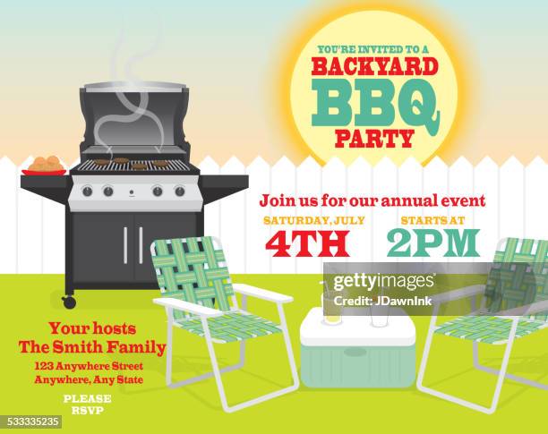 ilustraciones, imágenes clip art, dibujos animados e iconos de stock de barbacoa en el jardín con plantilla de invitación con sol y valla de piquete - nevera de playa