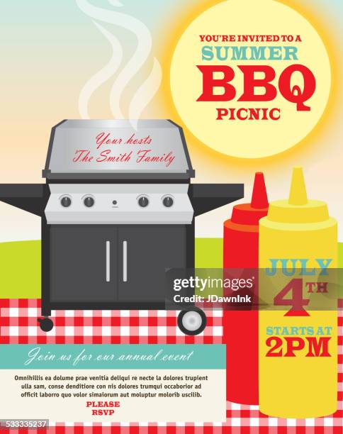 backyard bbq themed invitation template - grilling condiments stock illustrations