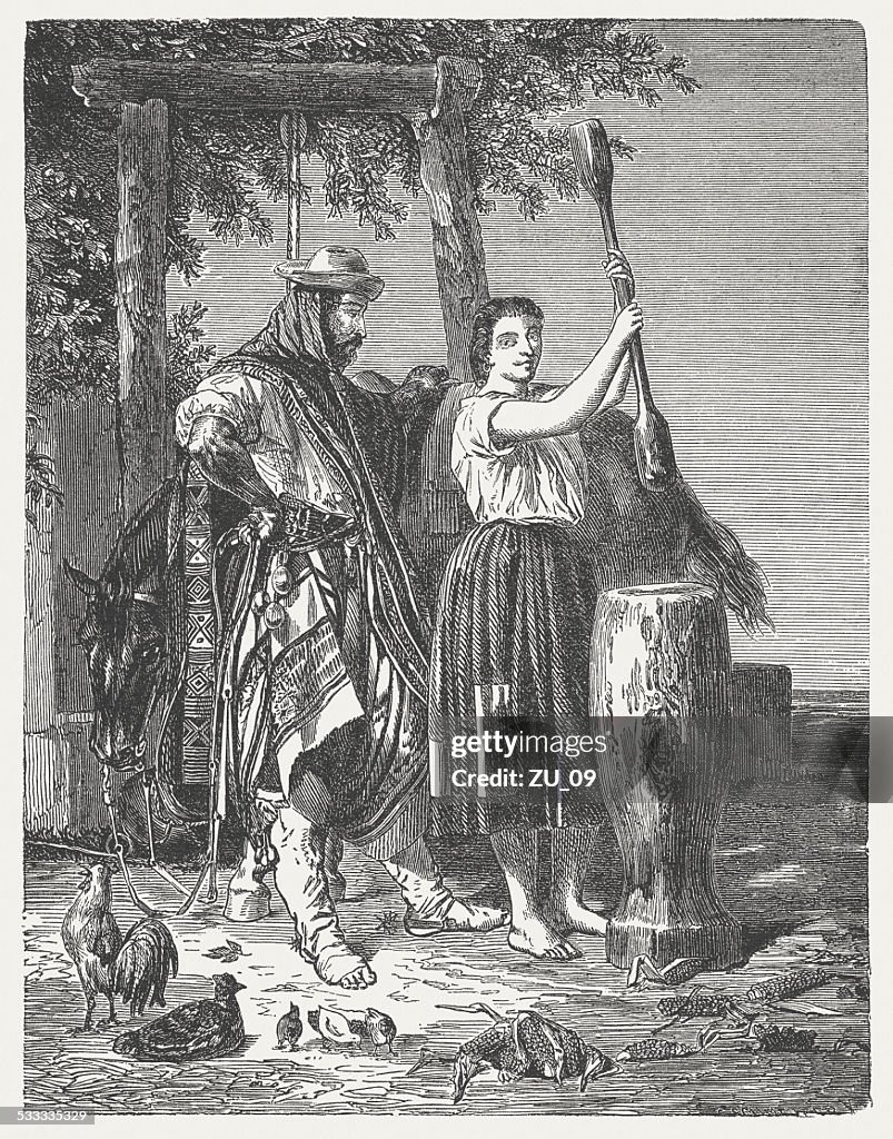 Gaucho looks a woman who stomp maize, published in 1872