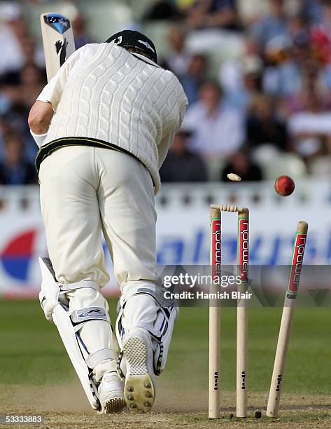 Michael Clarke of Australia is bowled by Stephen Harmison during day three of the Second npower Ashes Test between England and Australia played at...