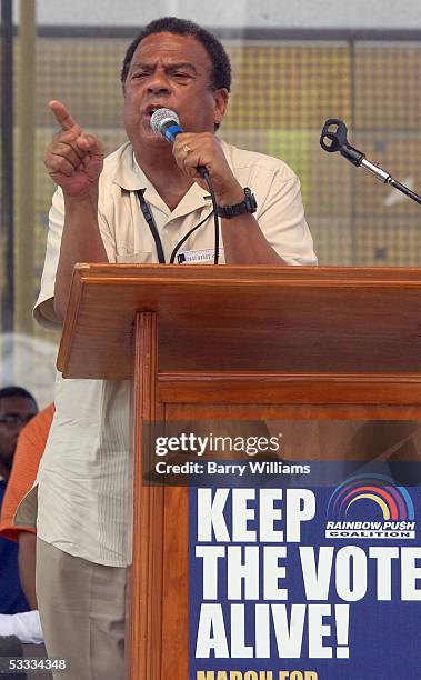 Former UN ambasador and Atlanta mayor Andrew Young speaks during the Keep the Vote Alive March and Rally August 6, 2005 in Atlanta. The historic 1965...