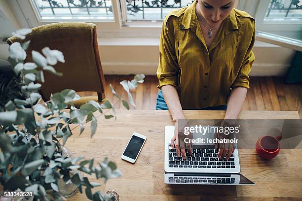 freelance giovane donna che lavora nel suo appartamento parigino - blogger with laptop foto e immagini stock