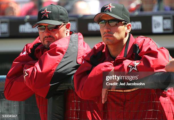 Pitchers Roger Clemens and Andy Pettitte of the Houston Astros look on during a game against the San Francisco Giants at SBC Park on August 6, 2005...