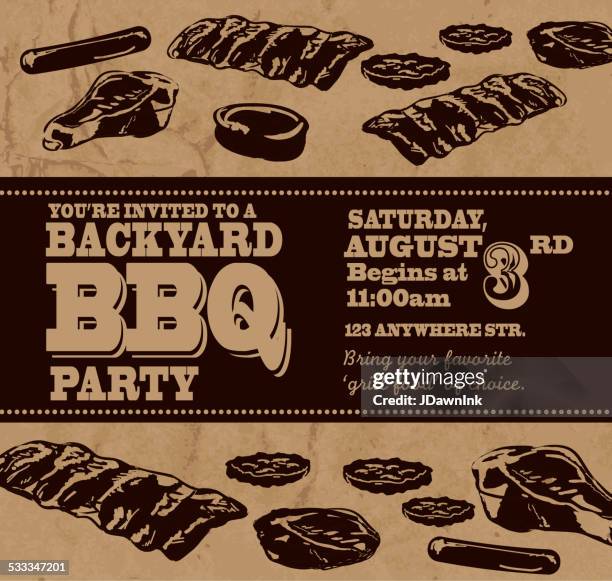 backyard bbq themed invitation template with black text - filet mignon stock illustrations