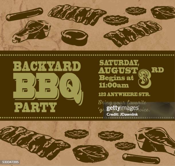 bildbanksillustrationer, clip art samt tecknat material och ikoner med backyard bbq themed invitation template green text - filet mignon