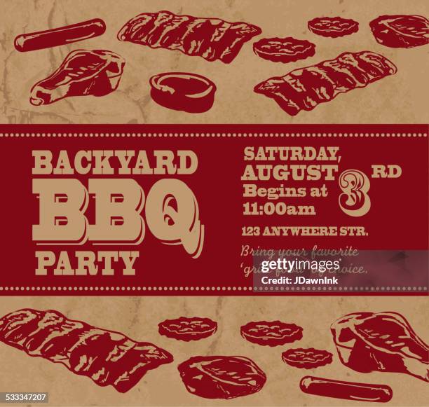 backyard bbq themed invitation template with red text - filet mignon stock illustrations