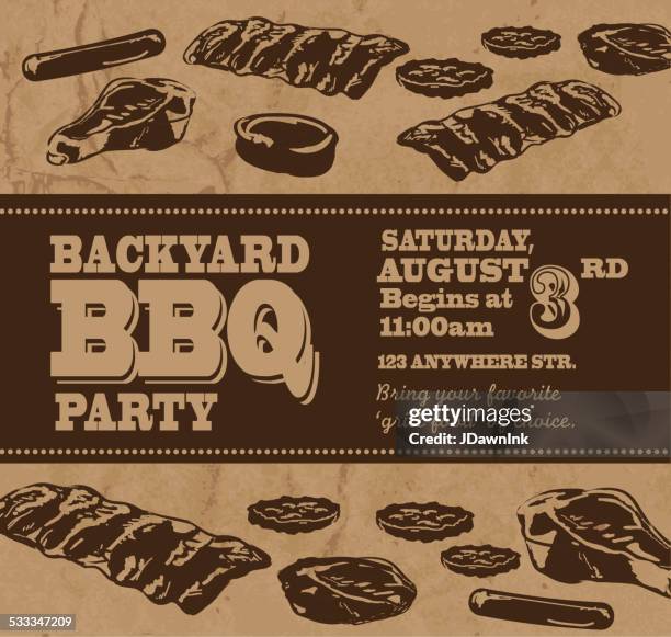 bildbanksillustrationer, clip art samt tecknat material och ikoner med backyard bbq themed invitation template - filet mignon