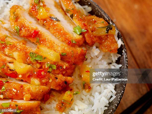 sweet and sour chicken with rice - bowl chili peppers bildbanksfoton och bilder