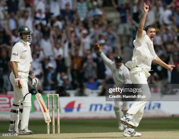 Stephen Harmison of England claims the wicket of Michael Kasprowicz of Australia caught by Geraint Jones of England to give them a two run win during...