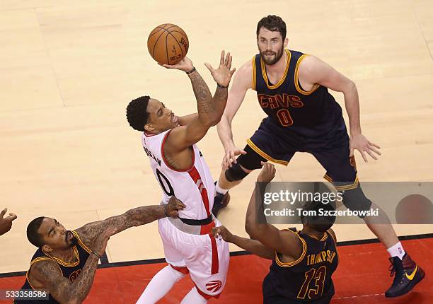 DeMar DeRozan of the Toronto Raptors shoots the ball during the second half against the Cleveland Cavaliers in game three of the Eastern Conference...