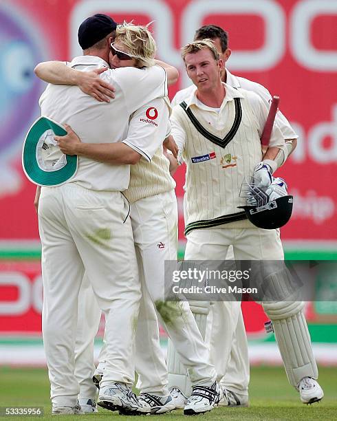 Brett Lee of Australia congratulates England on their victory during day four of the second npower Ashes Test match between England and Australia at...
