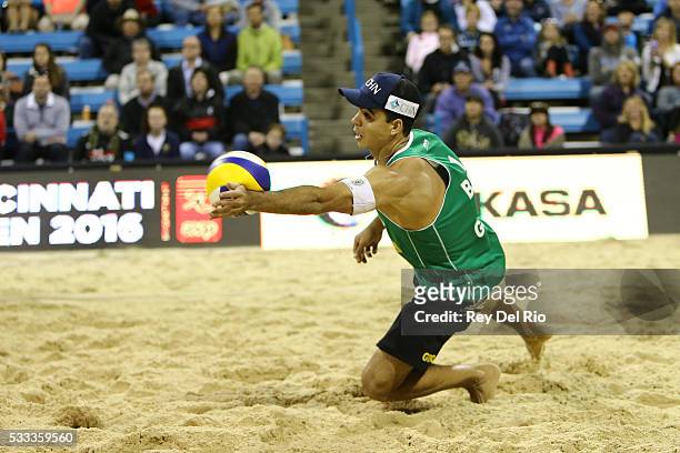 Gustavo Carvalhaes of Brazil dives for the ball during during his Gold medal match against Josh Binstock and Sam Schachter of Canada during day 5 of...