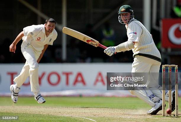 Brett Lee of Australia scores off a ball from Steve Harmisson of England during day four of the second npower Ashes Test match between England and...