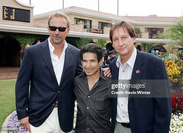 Actor Kevin Costner , former jockey Laffit Pincay and producer/director Jim Wilson pose at the premiere of "Laffit: All About Winning", a documentary...