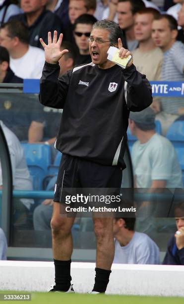 Colin Lee, manager of Millwall gives his orders during the Coca-Cola Championship match between Leeds United and Millwall at Elland Road on August 7,...