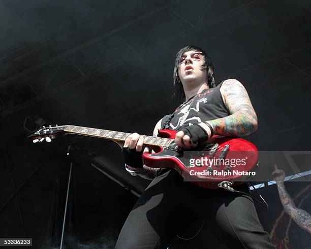 Zacky Vengeance of Avenged Sevenfold performs during the Vans Warped Tour at the Pompano Beach Amphitheatre on August 6, 2005 in Pompano Beach,...