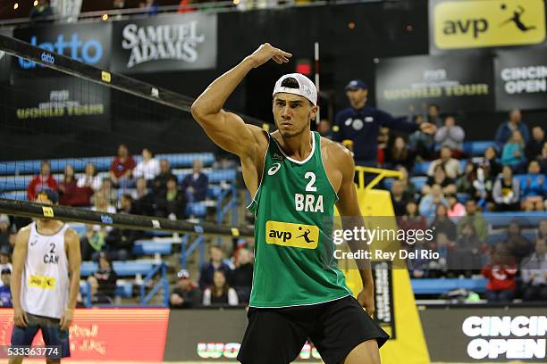 Saymon Barbosa of Brazil reacts to a point during his Gold medal match against Josh Binstock and Sam Schachter of Canada during day 5 of the 2016 AVP...